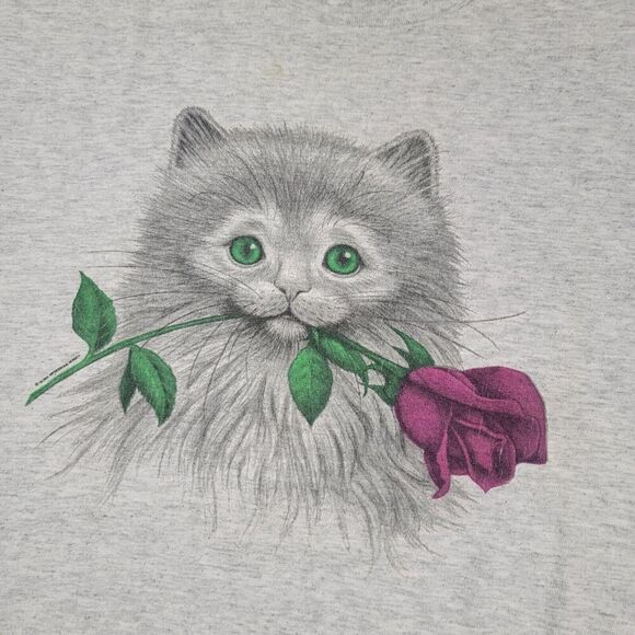 Vintage Cat Shirt Mens Large White Kitten 90s T Tee Distressed S/S - Picture 3 of 12